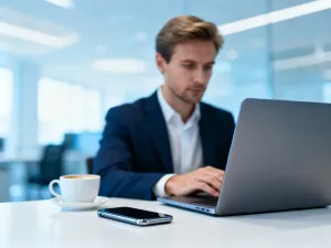 Kobieta pracująca przy laptopie w nowoczesnym biurze, symbolizująca łatwy dostęp do panelu użytkownika Inso.