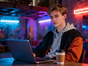 Profesjonalista pracujący przy laptopie z wykresami w nowoczesnym biurze, symbolizujący dostęp do platformy PZU Everest.