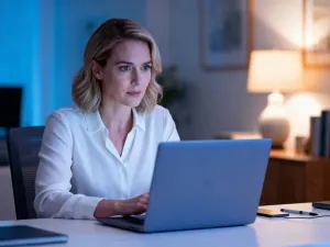 Zaniepokojony mężczyzna patrzący na ekran laptopa z błędem BSOD w domowym biurze.