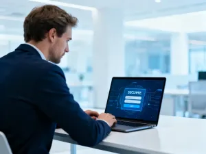 Profesjonalista pracujący przy laptopie w nowoczesnym biurze, symbolizujący łatwy dostęp do panelu klienta Versum.