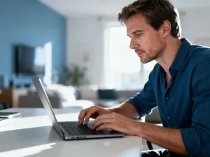 Zatroskany specjalista IT siedzący przed monitorem z niebieskim ekranem błędu systemu Windows.