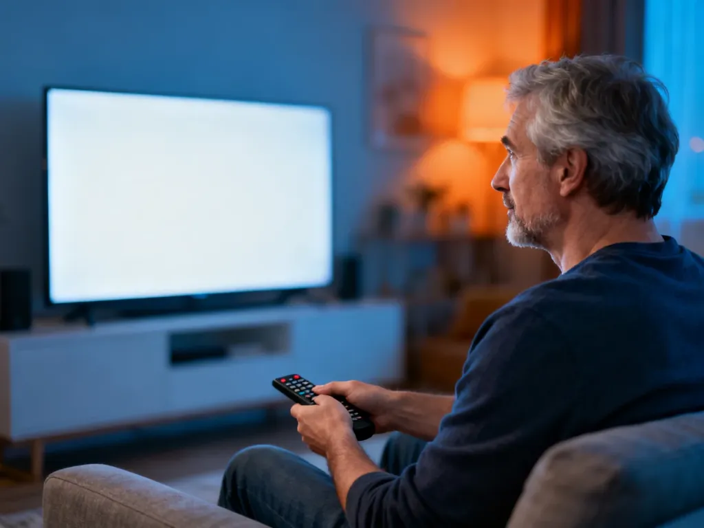 Zirytowany mężczyzna siedzący przed wyłączonym telewizorem, ilustrujący problem z połączeniem sieciowym w serwisie Netflix.