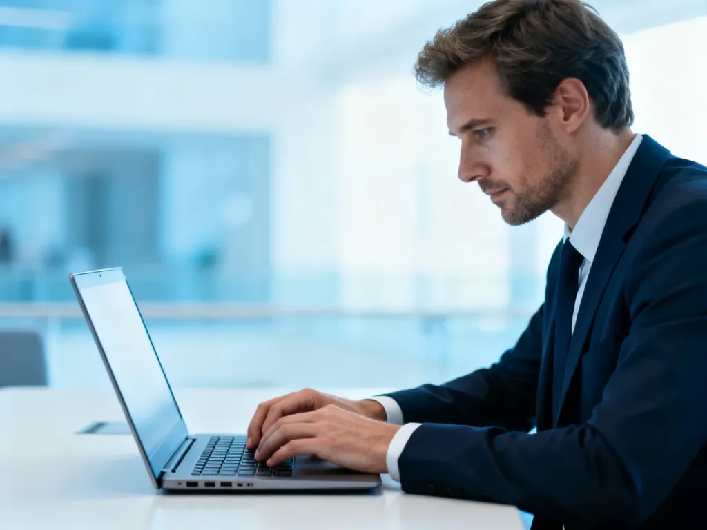Profesjonalista pracujący przy laptopie w nowoczesnym biurze, symbolizujący obsługę systemów cyfrowych PFRON.