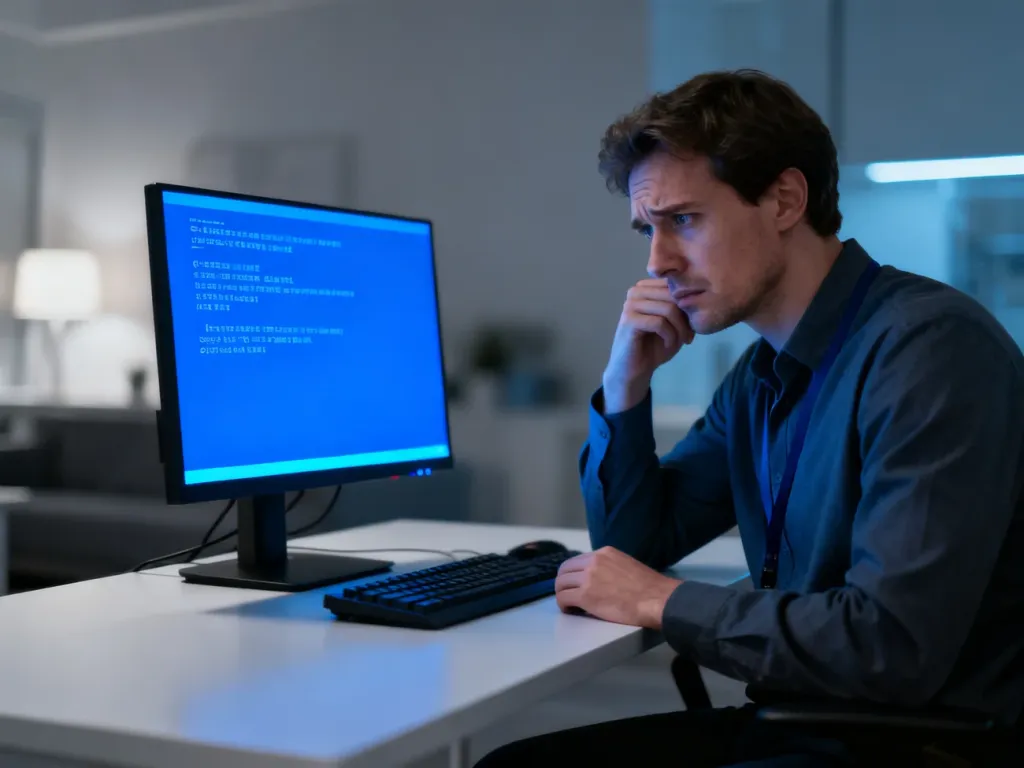 Zatroskany specjalista IT siedzący przed monitorem z niebieskim ekranem błędu systemu Windows.