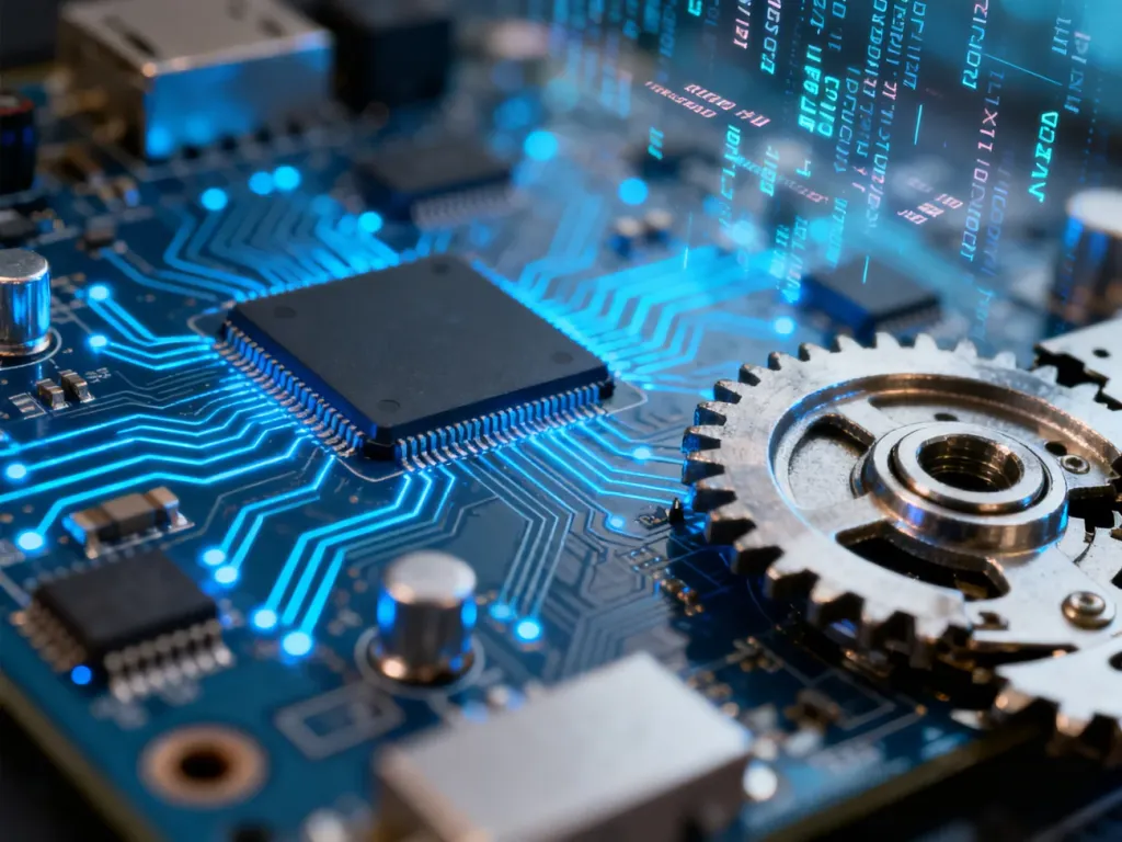 Zbliżenie na płytkę drukowaną z cyfrowymi liniami i elementami mechanicznymi, symbolizujące techniczne aspekty plików Unity.