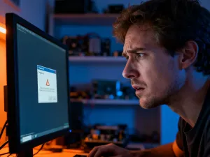 Mężczyzna pracujący przy laptopie z widocznym panelem logowania w nowoczesnym biurze.