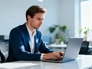 Mężczyzna pracujący przy laptopie w nowoczesnym biurze, symbolizujący łatwy dostęp do panelu klienta E100.
