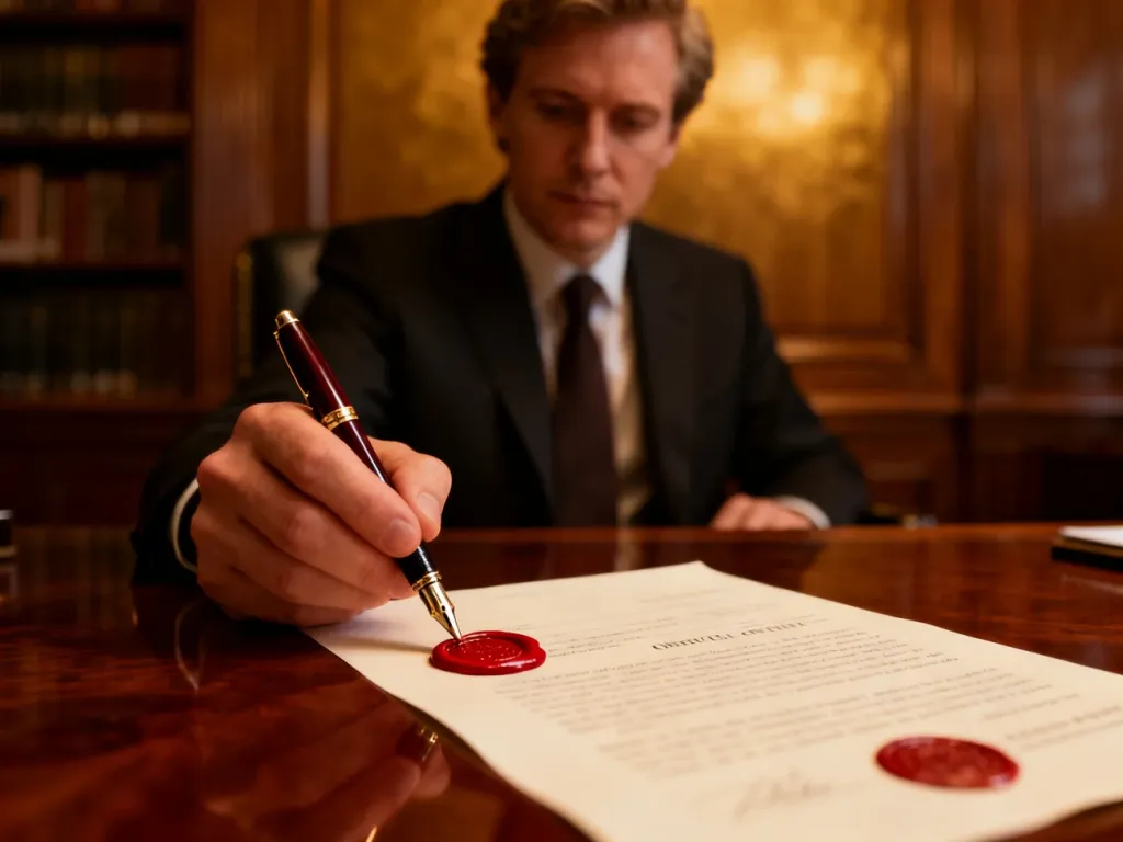 Dłoń z piórem wiecznym nad oficjalnym dokumentem z pieczęcią lakową w klasycznym gabinecie, symbolizująca proces wetowania.