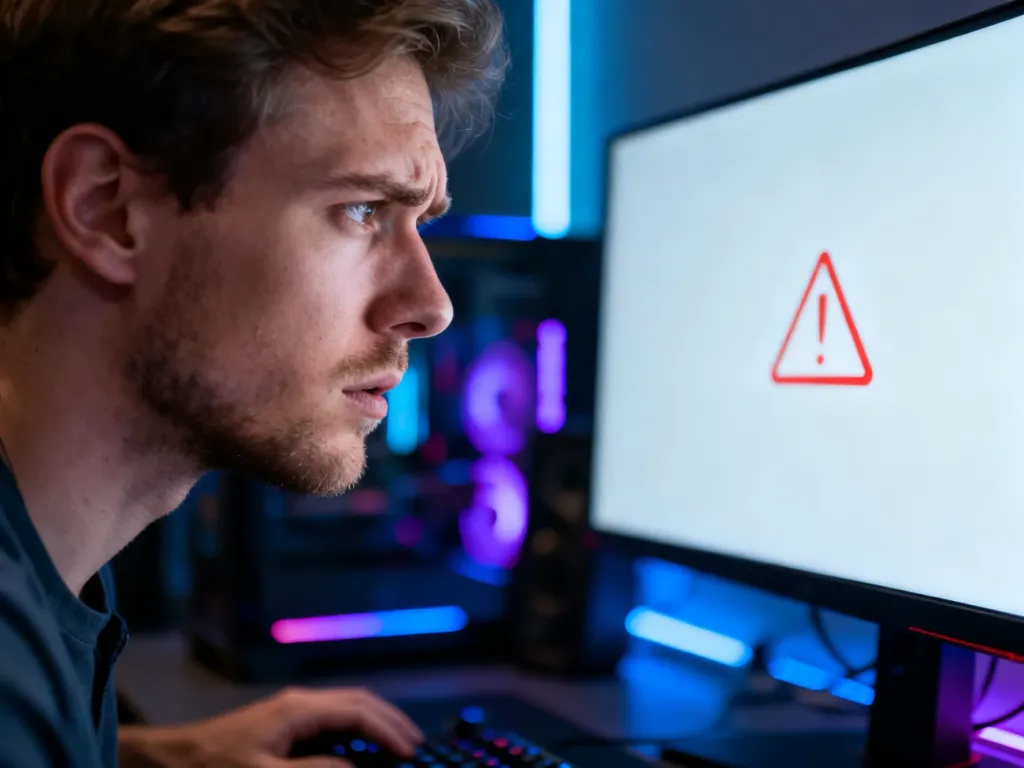 Zirytowany mężczyzna patrzący na ekran komputera z symbolem błędu, ilustrujący problem z pobieraniem gier na Steam.