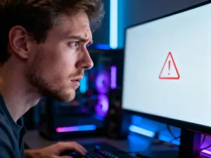 Mężczyzna pracujący przy laptopie z kodem na ekranie w nowoczesnym biurze domowym.