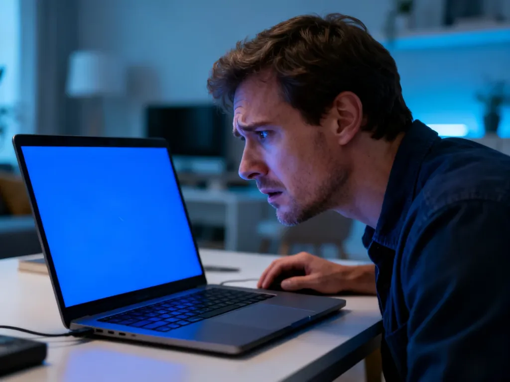 Zaniepokojony mężczyzna patrzący na ekran laptopa z błędem BSOD w domowym biurze.
