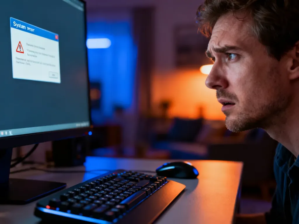 Zirytowany mężczyzna przed monitorem z błędem systemowym w domowym biurze. Ilustracja problemów z plikiem Onlinefix64.dll.