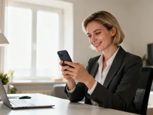 Kobieta skupiona na ekranie smartfona w domowym biurze, symbolizująca łatwy dostęp do platformy Mobidziennik.