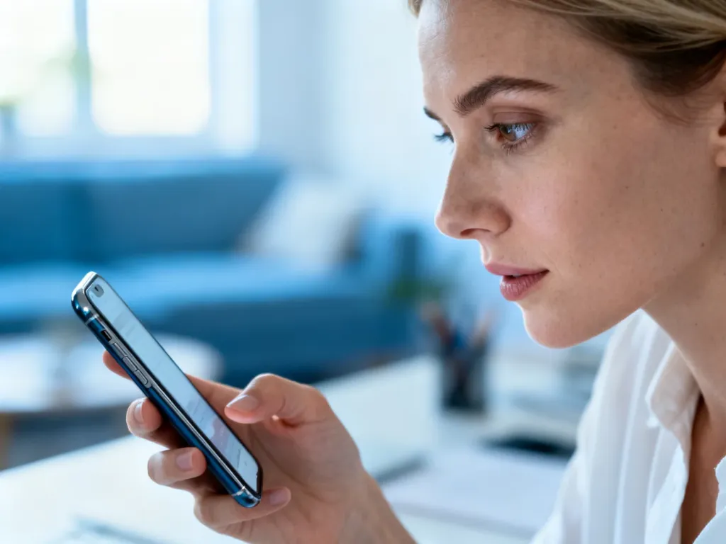 Kobieta skupiona na ekranie smartfona w domowym biurze, symbolizująca łatwy dostęp do platformy Mobidziennik.