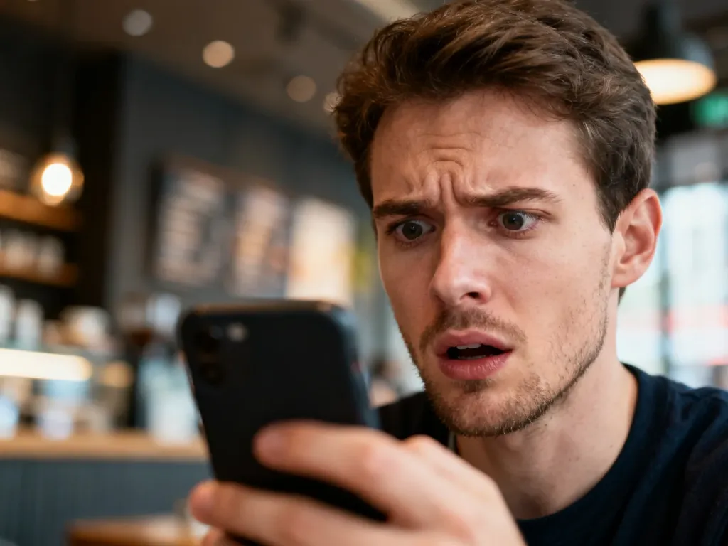 Młody mężczyzna patrzy na smartfon z wyrazem niedowierzania i lekkiego poirytowania, ilustrując znaczenie słowa „bruh”.