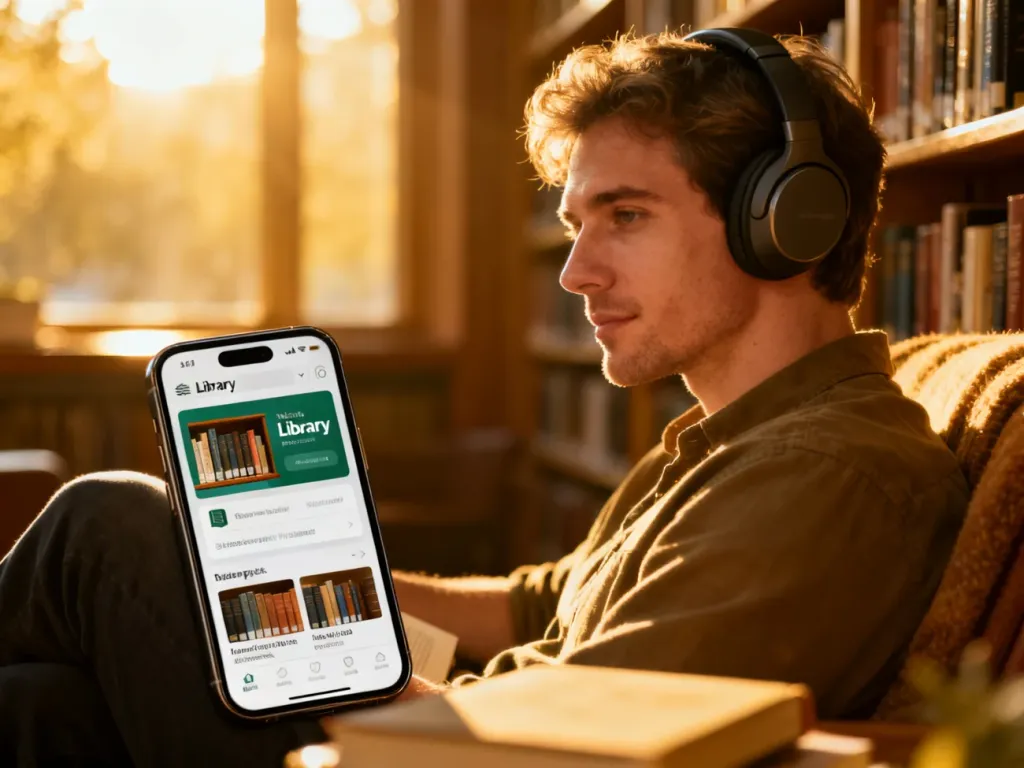 Mężczyzna w słuchawkach korzysta z aplikacji do audiobooków w przytulnym kąciku czytelniczym.